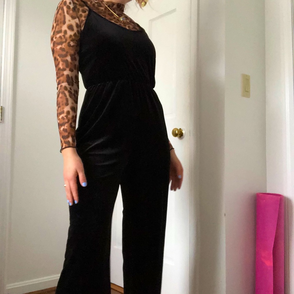 Black velvet cropped long romper size medium